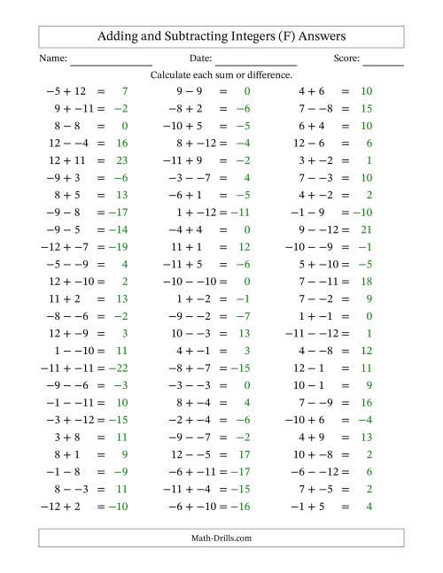 The Adding and Subtracting Mixed Integers from -12 to 12 (75 Questions; No Parentheses) (F) Math Worksheet Page 2