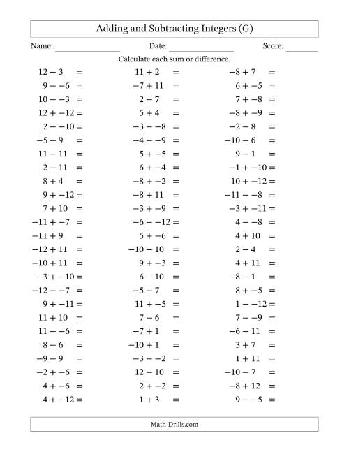 The Adding and Subtracting Mixed Integers from -12 to 12 (75 Questions; No Parentheses) (G) Math Worksheet