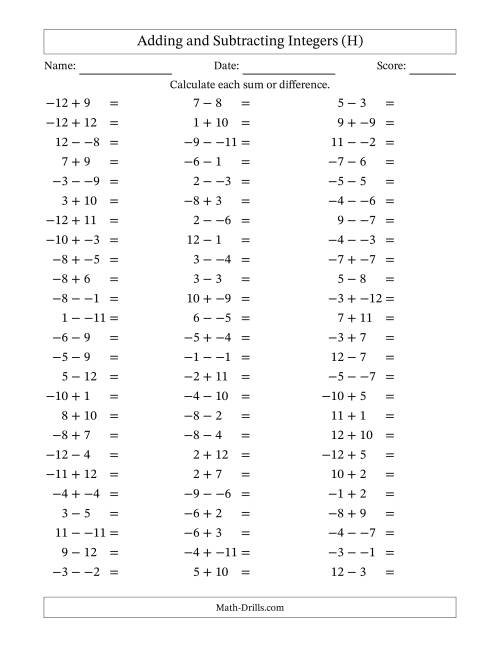 The Adding and Subtracting Mixed Integers from -12 to 12 (75 Questions; No Parentheses) (H) Math Worksheet