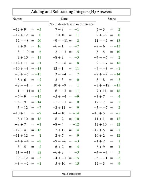 The Adding and Subtracting Mixed Integers from -12 to 12 (75 Questions; No Parentheses) (H) Math Worksheet Page 2