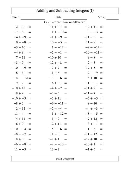 The Adding and Subtracting Mixed Integers from -12 to 12 (75 Questions; No Parentheses) (I) Math Worksheet