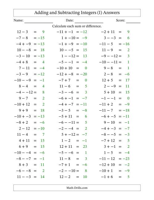 The Adding and Subtracting Mixed Integers from -12 to 12 (75 Questions; No Parentheses) (I) Math Worksheet Page 2