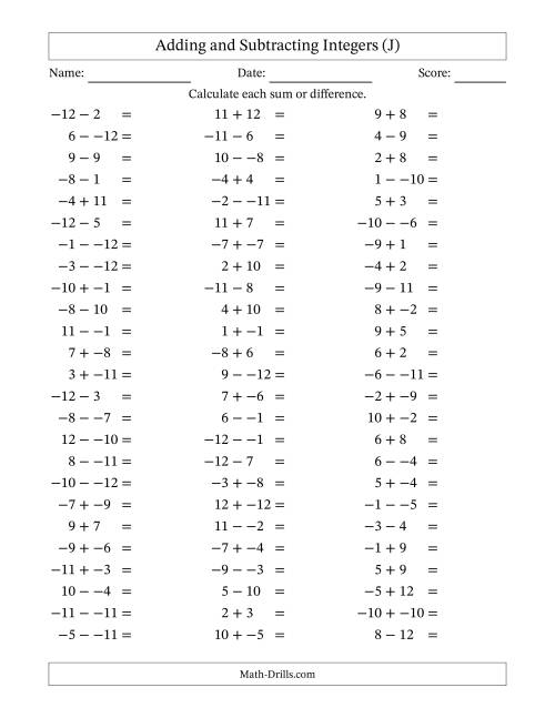 The Adding and Subtracting Mixed Integers from -12 to 12 (75 Questions; No Parentheses) (J) Math Worksheet