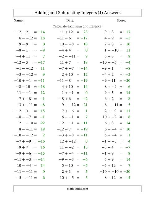The Adding and Subtracting Mixed Integers from -12 to 12 (75 Questions; No Parentheses) (J) Math Worksheet Page 2