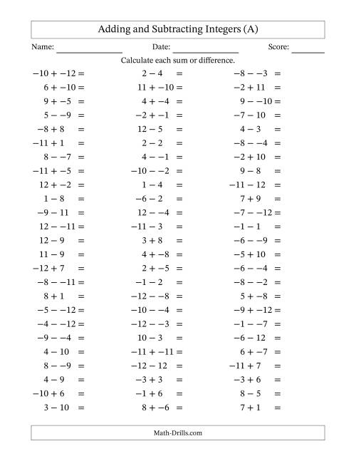The Adding and Subtracting Mixed Integers from -12 to 12 (75 Questions; No Parentheses) (All) Math Worksheet