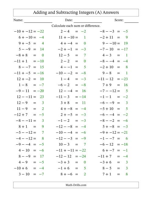 The Adding and Subtracting Mixed Integers from -12 to 12 (75 Questions; No Parentheses) (All) Math Worksheet Page 2