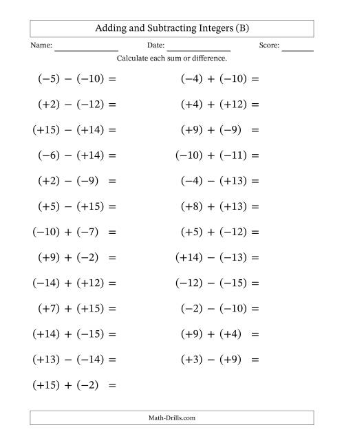 The Adding and Subtracting Mixed Integers from -15 to 15 (25 Questions; Large Print; All Parentheses) (B) Math Worksheet