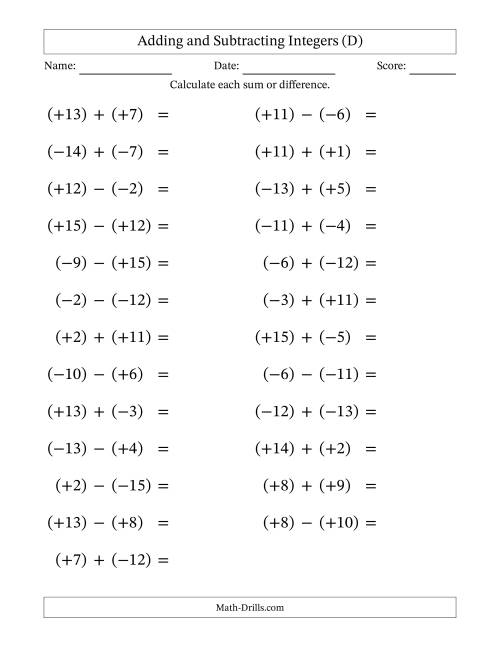 The Adding and Subtracting Mixed Integers from -15 to 15 (25 Questions; Large Print; All Parentheses) (D) Math Worksheet