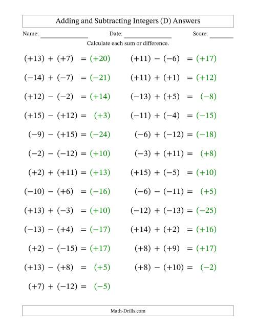 The Adding and Subtracting Mixed Integers from -15 to 15 (25 Questions; Large Print; All Parentheses) (D) Math Worksheet Page 2