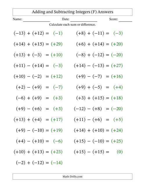 The Adding and Subtracting Mixed Integers from -15 to 15 (25 Questions; Large Print; All Parentheses) (F) Math Worksheet Page 2
