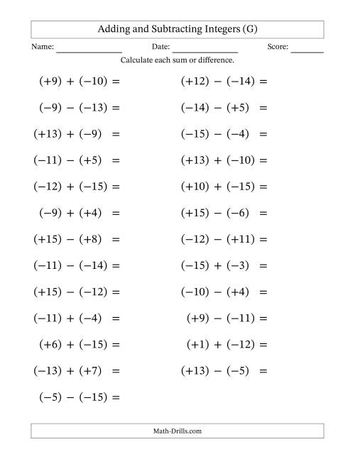 The Adding and Subtracting Mixed Integers from -15 to 15 (25 Questions; Large Print; All Parentheses) (G) Math Worksheet