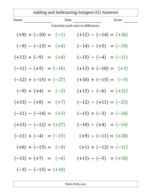The Adding and Subtracting Mixed Integers from -15 to 15 (25 Questions; Large Print; All Parentheses) (G) Math Worksheet Page 2