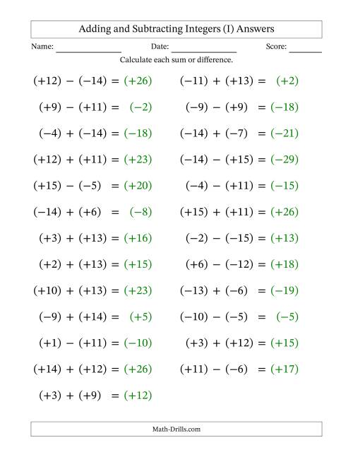 The Adding and Subtracting Mixed Integers from -15 to 15 (25 Questions; Large Print; All Parentheses) (I) Math Worksheet Page 2