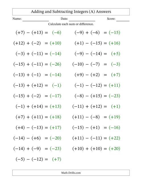The Adding and Subtracting Mixed Integers from -15 to 15 (25 Questions; Large Print; All Parentheses) (All) Math Worksheet Page 2