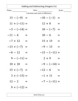 Adding and Subtracting Mixed Integers from -15 to 15 (25 Questions; Large Print)