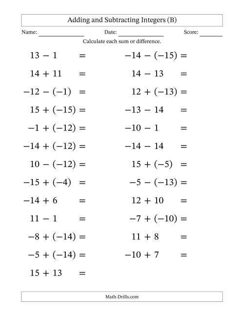 The Adding and Subtracting Mixed Integers from -15 to 15 (25 Questions; Large Print) (B) Math Worksheet