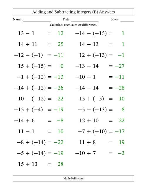 The Adding and Subtracting Mixed Integers from -15 to 15 (25 Questions; Large Print) (B) Math Worksheet Page 2