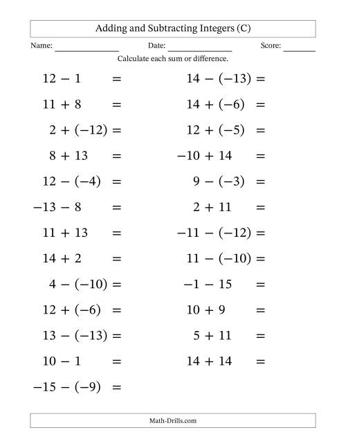 The Adding and Subtracting Mixed Integers from -15 to 15 (25 Questions; Large Print) (C) Math Worksheet