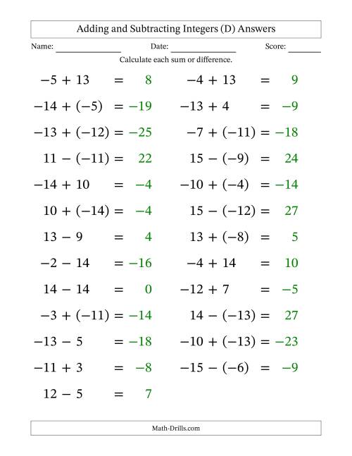 The Adding and Subtracting Mixed Integers from -15 to 15 (25 Questions; Large Print) (D) Math Worksheet Page 2