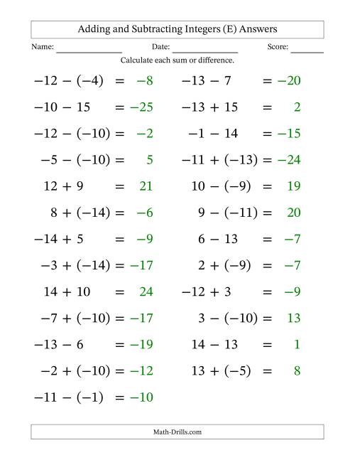 The Adding and Subtracting Mixed Integers from -15 to 15 (25 Questions; Large Print) (E) Math Worksheet Page 2
