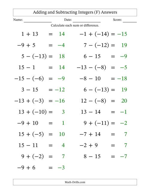 The Adding and Subtracting Mixed Integers from -15 to 15 (25 Questions; Large Print) (F) Math Worksheet Page 2