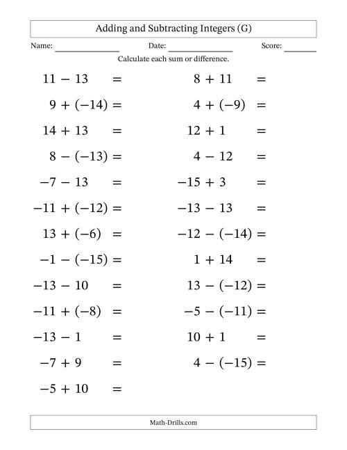 The Adding and Subtracting Mixed Integers from -15 to 15 (25 Questions; Large Print) (G) Math Worksheet