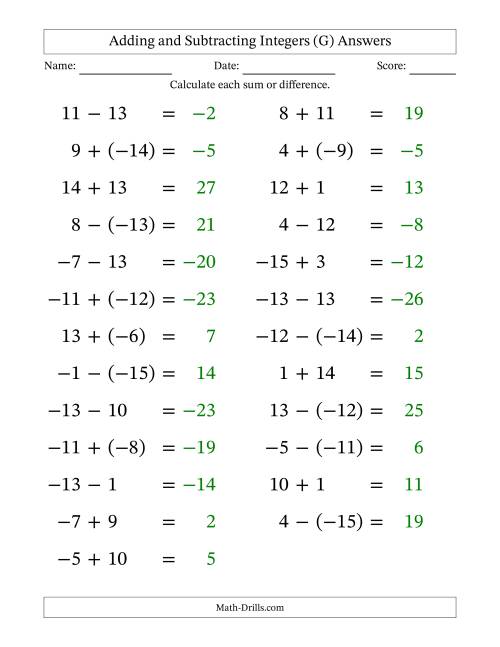The Adding and Subtracting Mixed Integers from -15 to 15 (25 Questions; Large Print) (G) Math Worksheet Page 2
