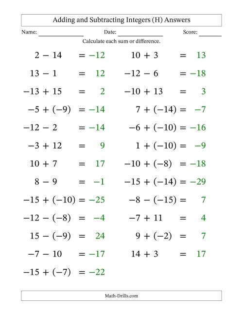 The Adding and Subtracting Mixed Integers from -15 to 15 (25 Questions; Large Print) (H) Math Worksheet Page 2