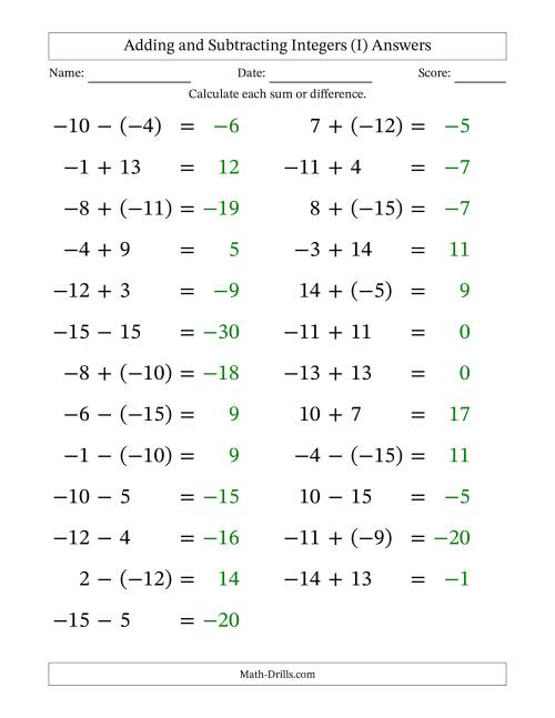 The Adding and Subtracting Mixed Integers from -15 to 15 (25 Questions; Large Print) (I) Math Worksheet Page 2