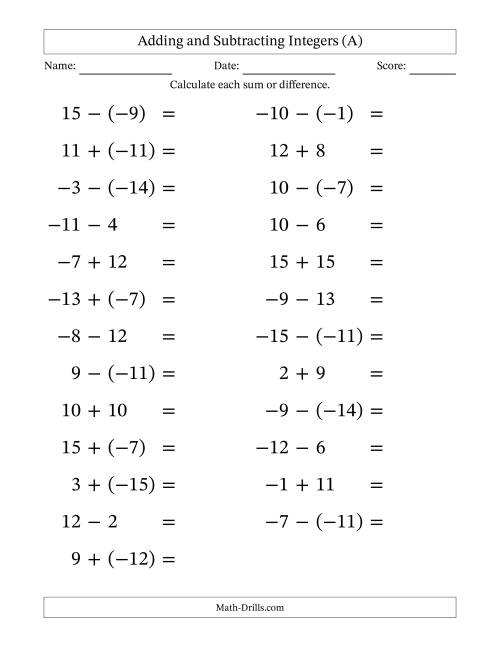 The Adding and Subtracting Mixed Integers from -15 to 15 (25 Questions; Large Print) (All) Math Worksheet