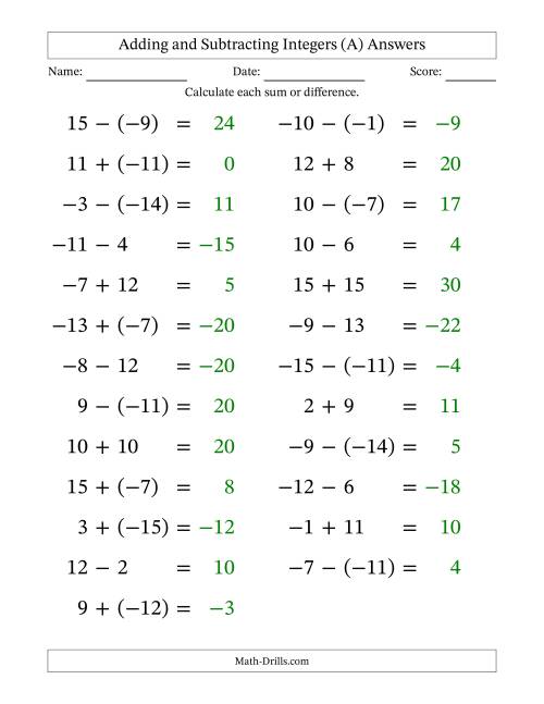The Adding and Subtracting Mixed Integers from -15 to 15 (25 Questions; Large Print) (All) Math Worksheet Page 2