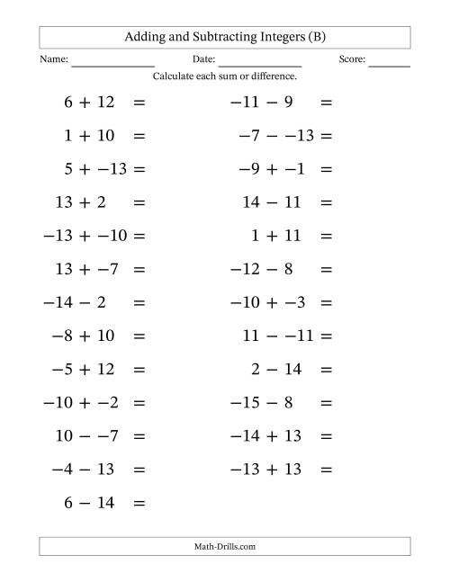 The Adding and Subtracting Mixed Integers from -15 to 15 (25 Questions; Large Print; No Parentheses) (B) Math Worksheet
