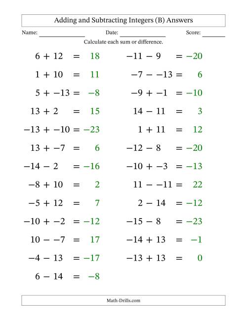 The Adding and Subtracting Mixed Integers from -15 to 15 (25 Questions; Large Print; No Parentheses) (B) Math Worksheet Page 2