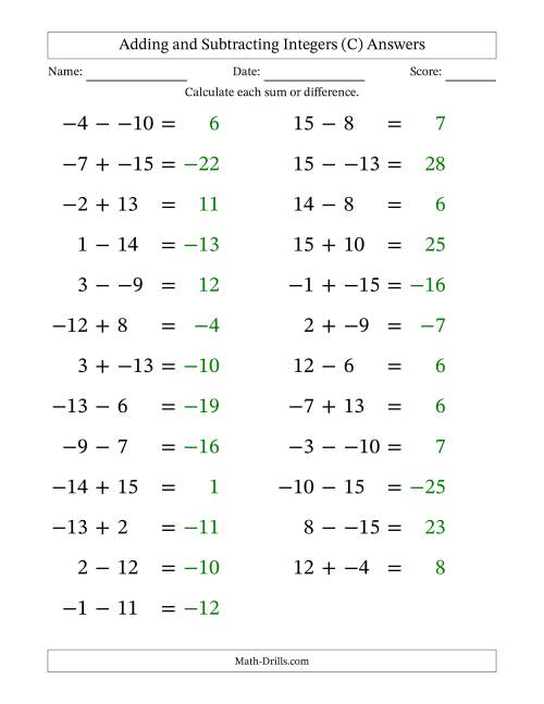 The Adding and Subtracting Mixed Integers from -15 to 15 (25 Questions; Large Print; No Parentheses) (C) Math Worksheet Page 2