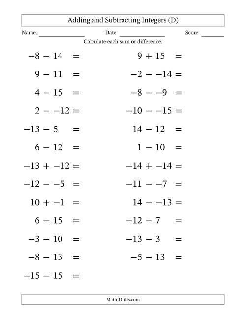 The Adding and Subtracting Mixed Integers from -15 to 15 (25 Questions; Large Print; No Parentheses) (D) Math Worksheet