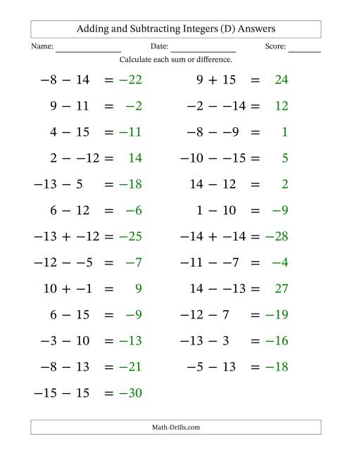 The Adding and Subtracting Mixed Integers from -15 to 15 (25 Questions; Large Print; No Parentheses) (D) Math Worksheet Page 2