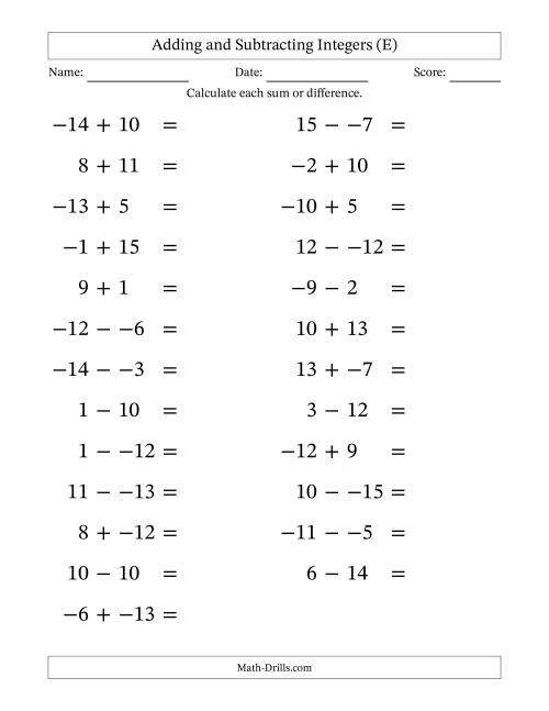 The Adding and Subtracting Mixed Integers from -15 to 15 (25 Questions; Large Print; No Parentheses) (E) Math Worksheet