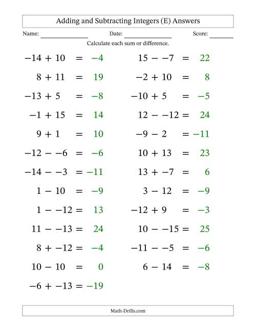 The Adding and Subtracting Mixed Integers from -15 to 15 (25 Questions; Large Print; No Parentheses) (E) Math Worksheet Page 2
