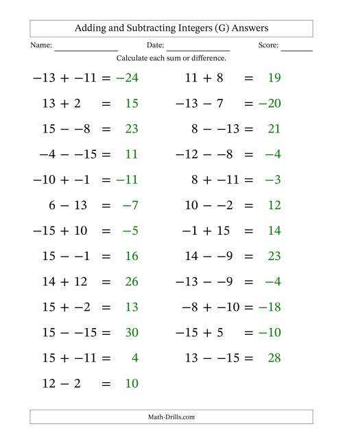 The Adding and Subtracting Mixed Integers from -15 to 15 (25 Questions; Large Print; No Parentheses) (G) Math Worksheet Page 2