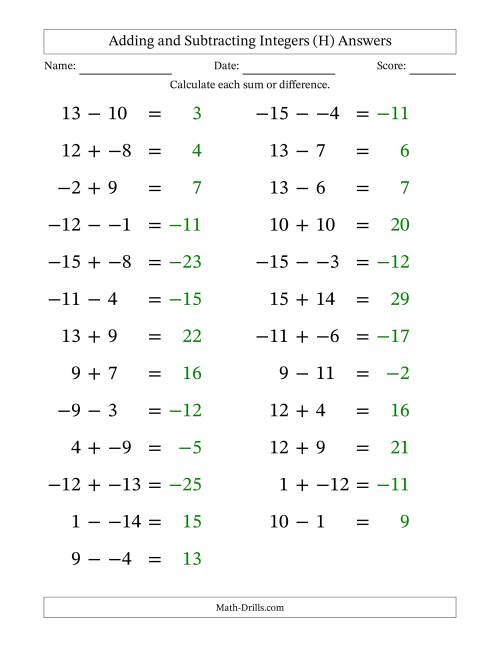 The Adding and Subtracting Mixed Integers from -15 to 15 (25 Questions; Large Print; No Parentheses) (H) Math Worksheet Page 2