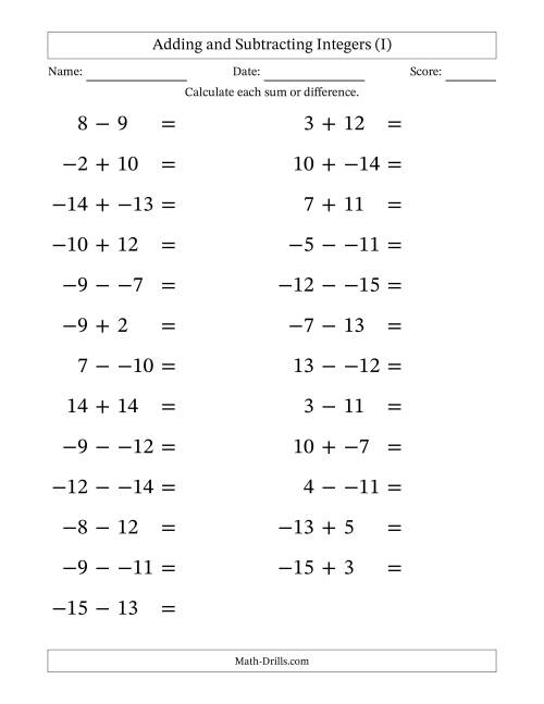 The Adding and Subtracting Mixed Integers from -15 to 15 (25 Questions; Large Print; No Parentheses) (I) Math Worksheet