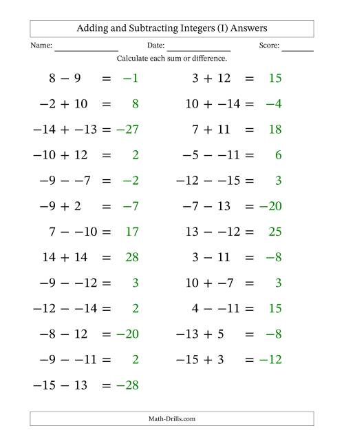 The Adding and Subtracting Mixed Integers from -15 to 15 (25 Questions; Large Print; No Parentheses) (I) Math Worksheet Page 2