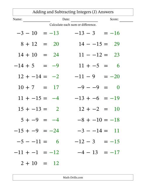 The Adding and Subtracting Mixed Integers from -15 to 15 (25 Questions; Large Print; No Parentheses) (J) Math Worksheet Page 2