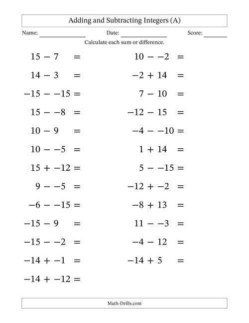 The Adding and Subtracting Mixed Integers from -15 to 15 (25 Questions; Large Print; No Parentheses) (All) Math Worksheet