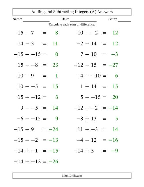 The Adding and Subtracting Mixed Integers from -15 to 15 (25 Questions; Large Print; No Parentheses) (All) Math Worksheet Page 2