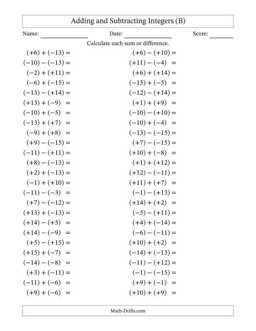 The Adding and Subtracting Mixed Integers from -15 to 15 (50 Questions; All Parentheses) (B) Math Worksheet