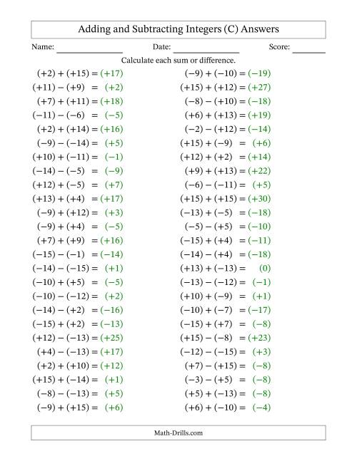The Adding and Subtracting Mixed Integers from -15 to 15 (50 Questions; All Parentheses) (C) Math Worksheet Page 2