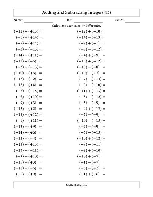 The Adding and Subtracting Mixed Integers from -15 to 15 (50 Questions; All Parentheses) (D) Math Worksheet