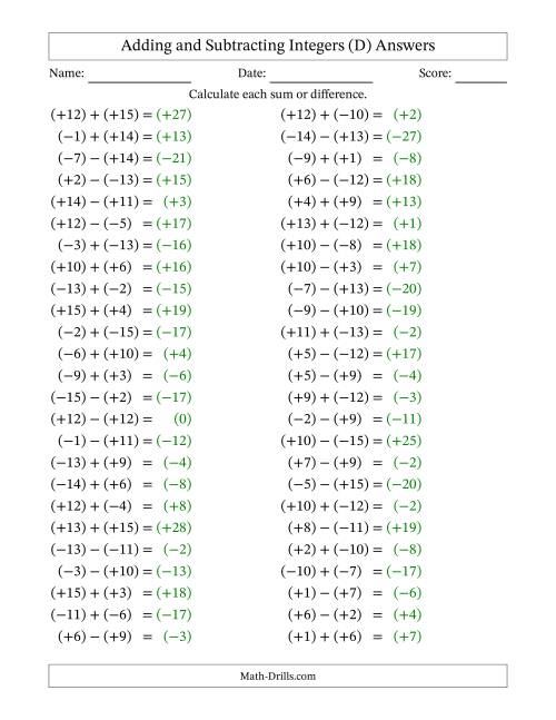 The Adding and Subtracting Mixed Integers from -15 to 15 (50 Questions; All Parentheses) (D) Math Worksheet Page 2