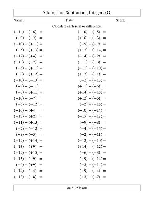 The Adding and Subtracting Mixed Integers from -15 to 15 (50 Questions; All Parentheses) (G) Math Worksheet